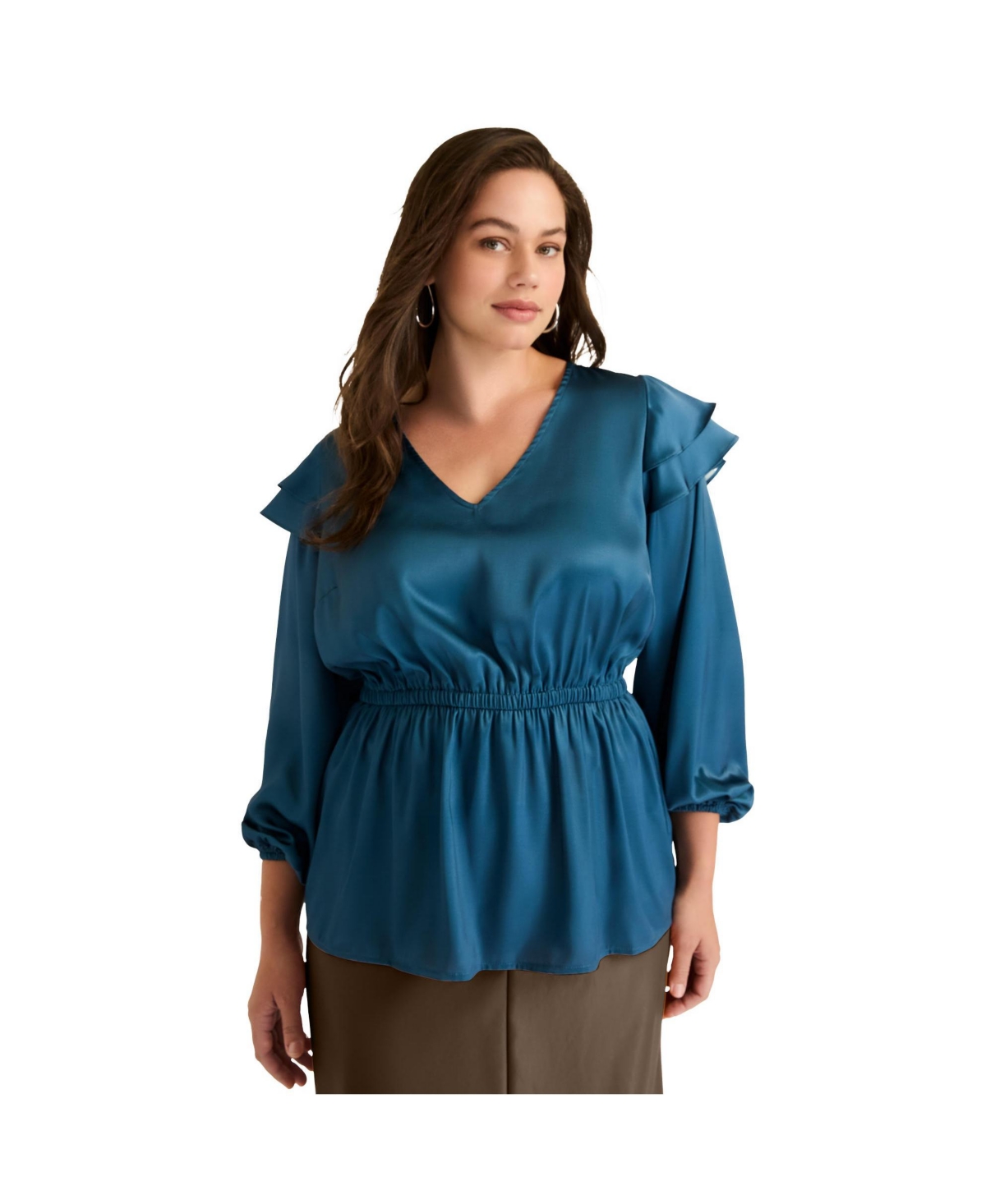 June + Vie Women's Plus Size Satin Peplum Top - Deep dive