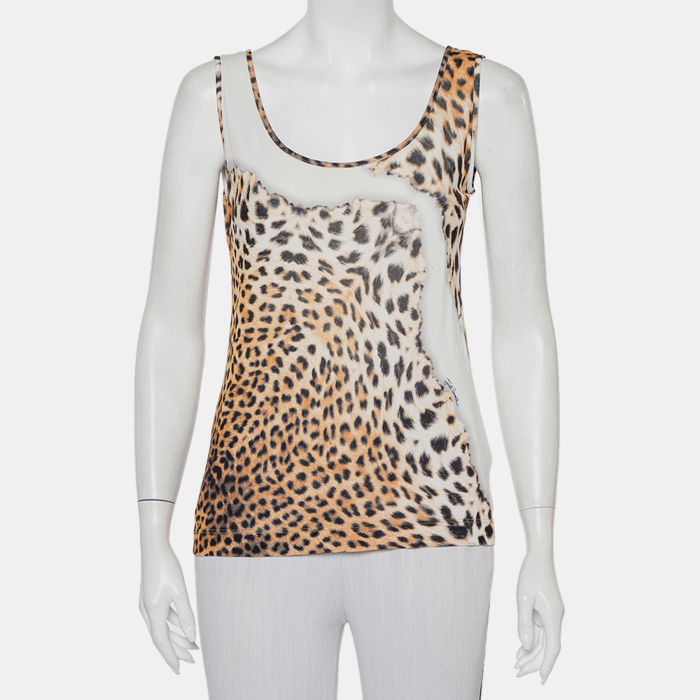 Just Cavalli Beige Animal Printed Knit Tank Top L