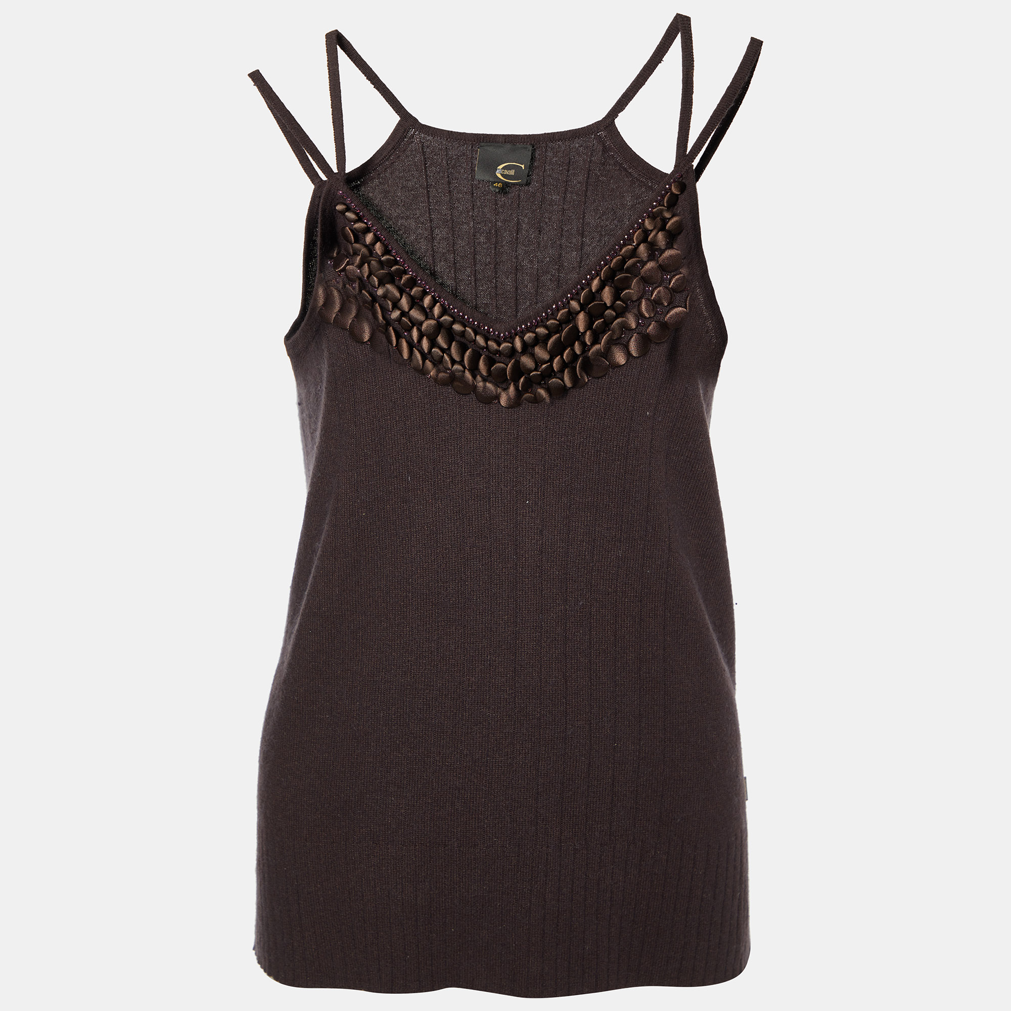 Just Cavalli Brown Silk Knit Button Embellished Tank Top L