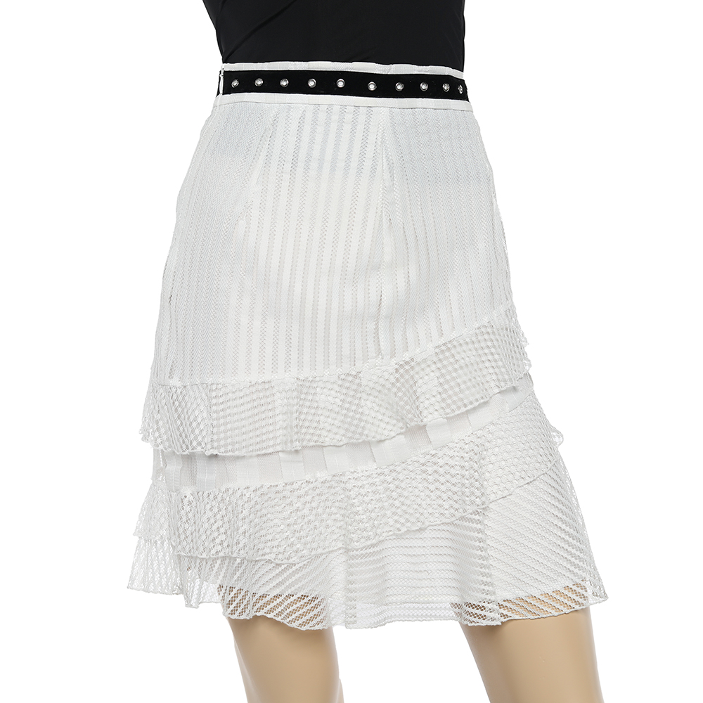 Just Cavalli White Lace Overlay Ruffle Tiered Skirt S