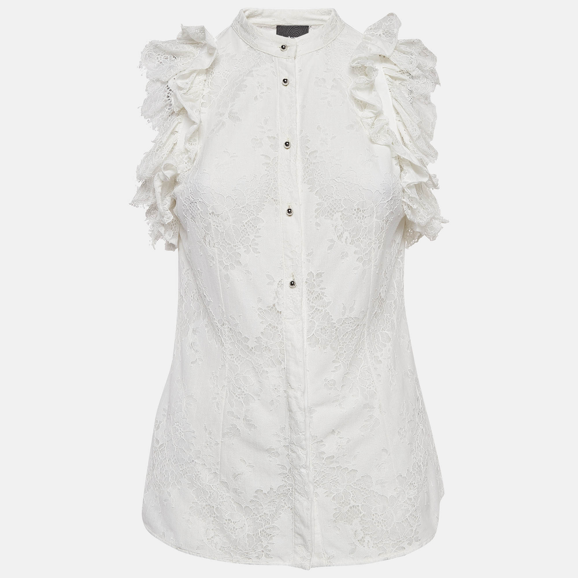 Just Cavalli White Lace Ruffled Sleeveless Shirt M