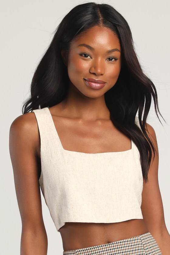 Just Perfect Beige Square Neck Cropped Tank Top