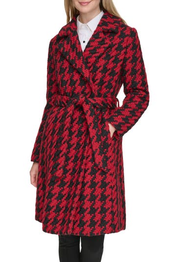 KARL LAGERFELD PARIS Houndstooth Wool Blend Wrap Coat in Black/red Multi at Nordstrom Rack, Size X-Small