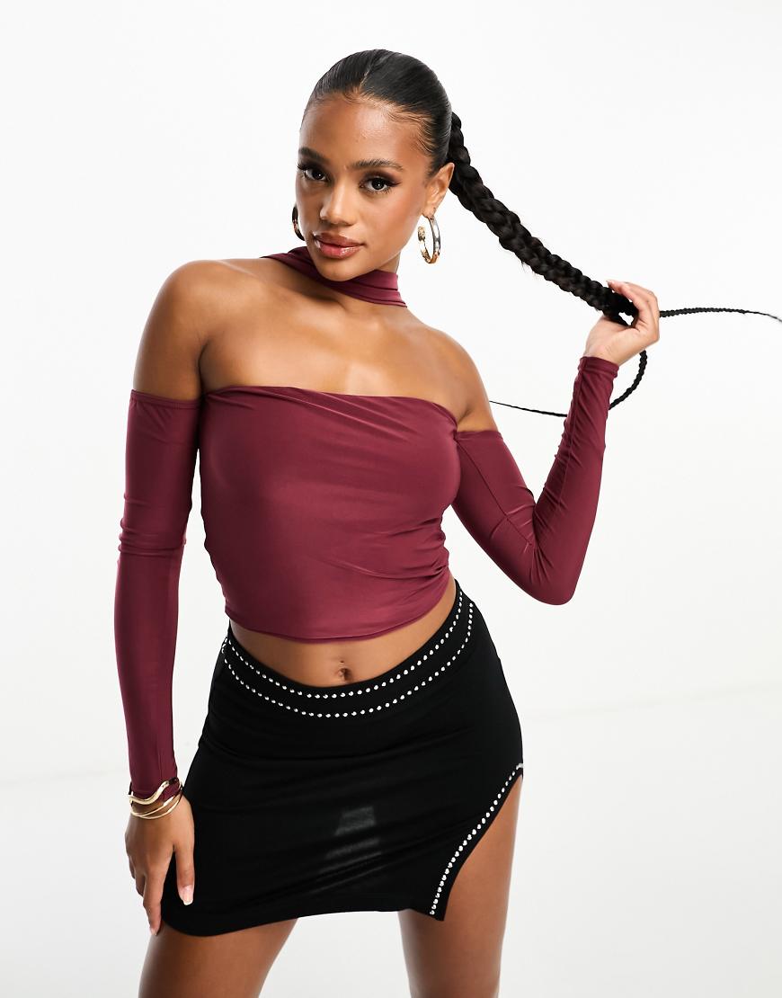 Kaiia bardot choker detail top in burgundy-Red