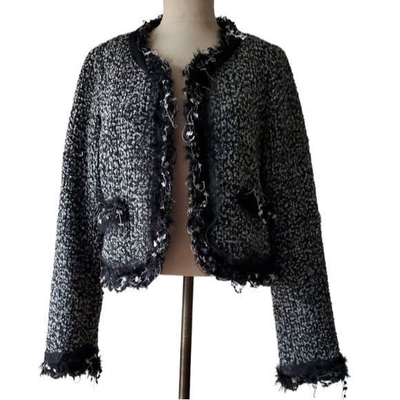 Karen Kane Cropped Wool Blazer Jacket Coat Black Distressed, Women's (Size Medium)