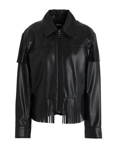 Karl Lagerfeld Faux Leather Fringe Jacket Woman Jacket Black Size 4 Polyester, Polyurethane coated