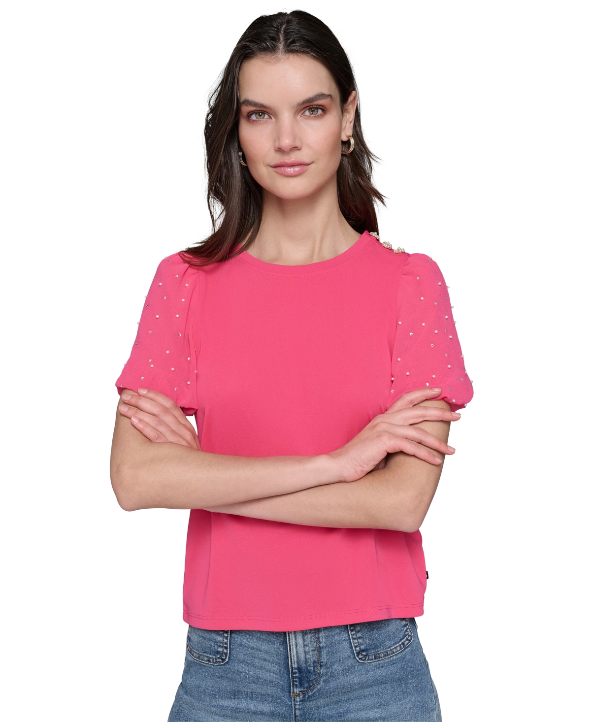 Karl Lagerfeld Paris Petite Embellished Knit Top - Teaberry