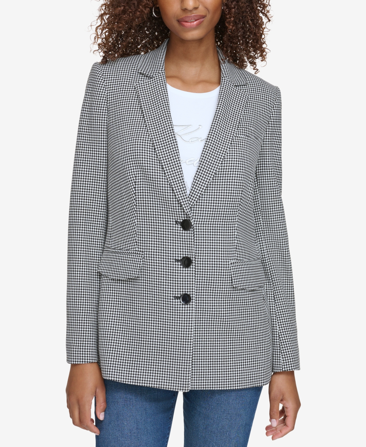 Karl Lagerfeld Paris Petite Houndstooth Check Blazer, First@Macy's - Blk/wht