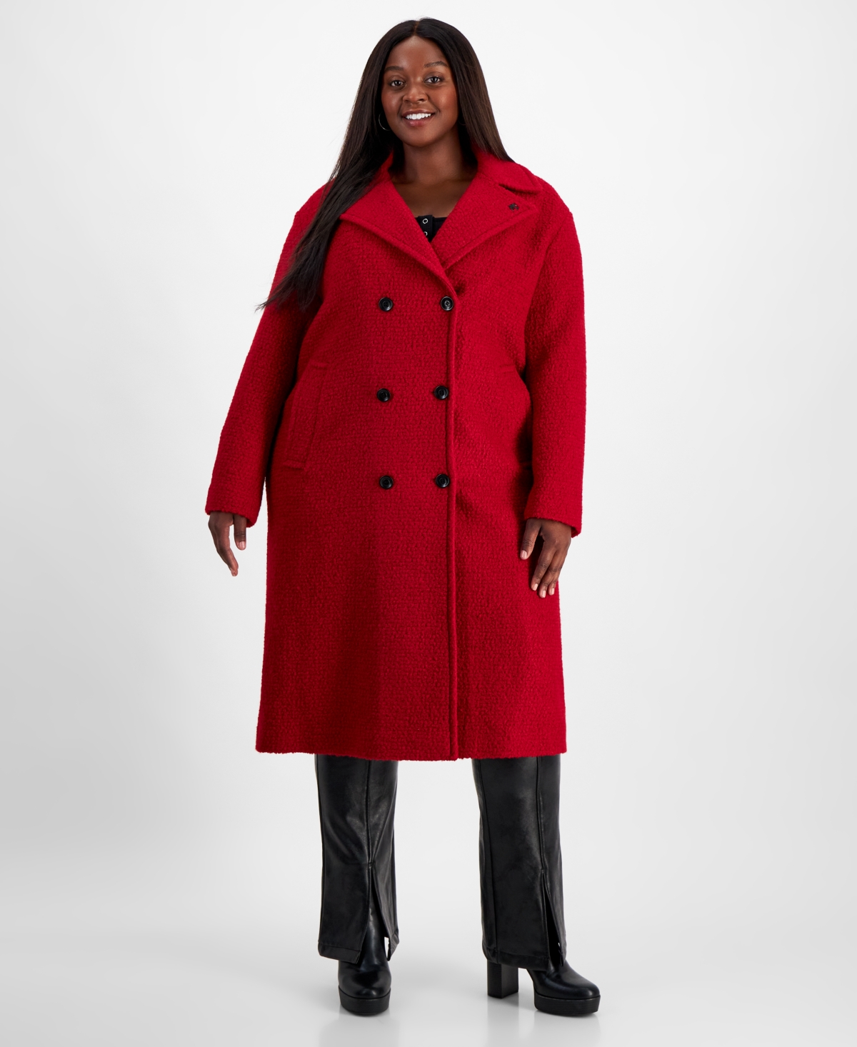 Karl Lagerfeld Paris Plus Size Double-Breasted Boucle Coat, Created for Macy's - Red