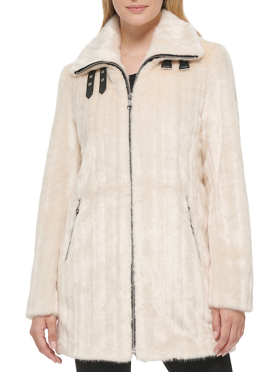 Karl Lagerfeld Paris Women's Buckle Faux Fur Coat - White - Size XL