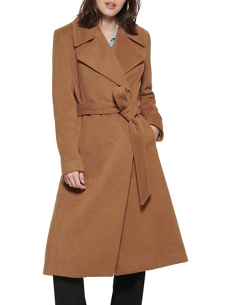 Karl Lagerfeld Paris Women's Double Breasted Wool Blend Wrap Coat - Camel - Size S