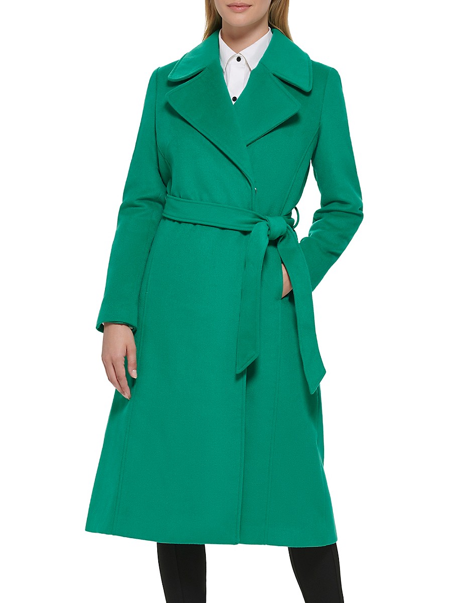 Karl Lagerfeld Paris Women's Double Breasted Wool Blend Wrap Coat - Spearmint - Size XL