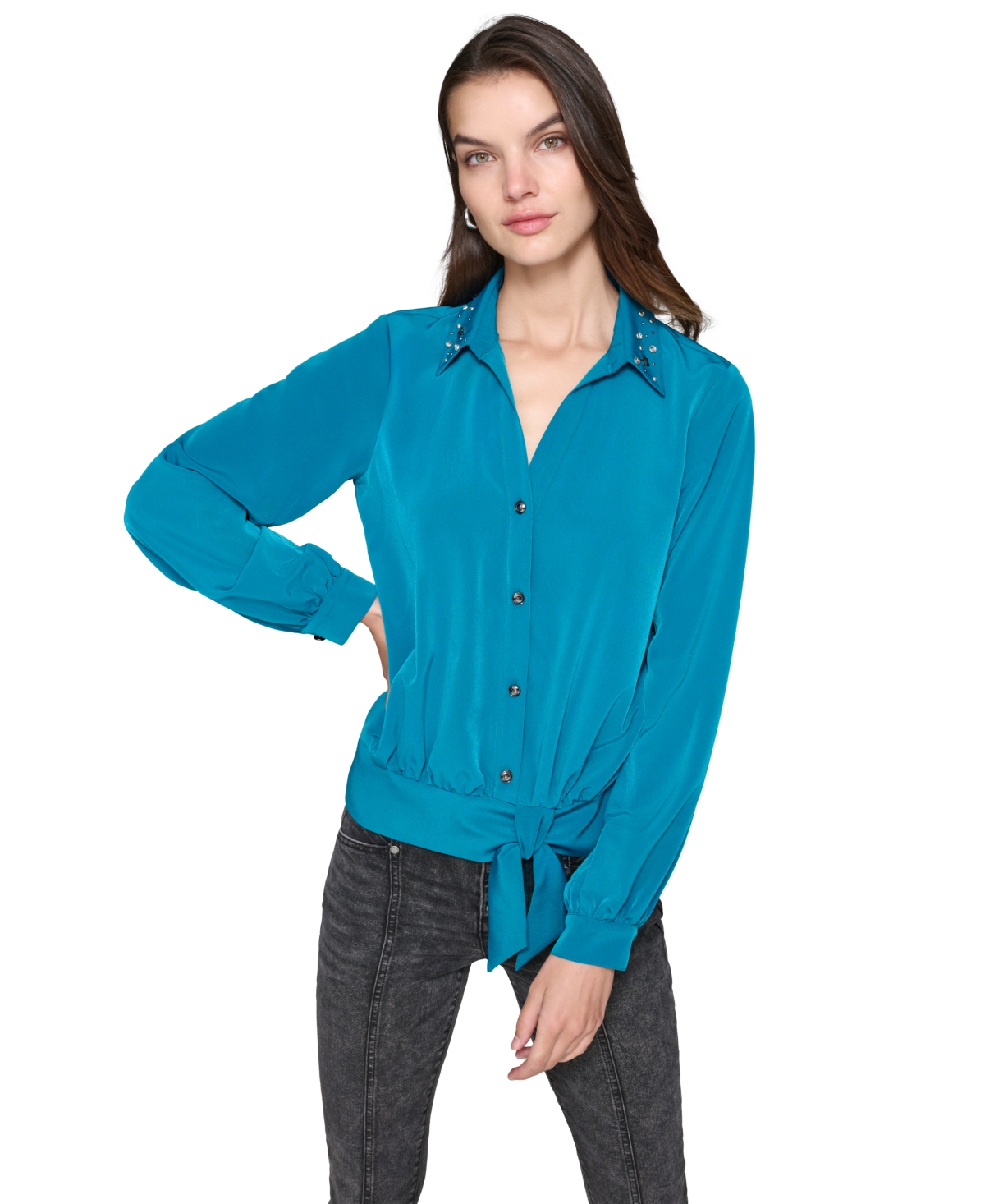 Karl Lagerfeld Paris Women's Embellished Faux-Wrap Top - Crystal Teal