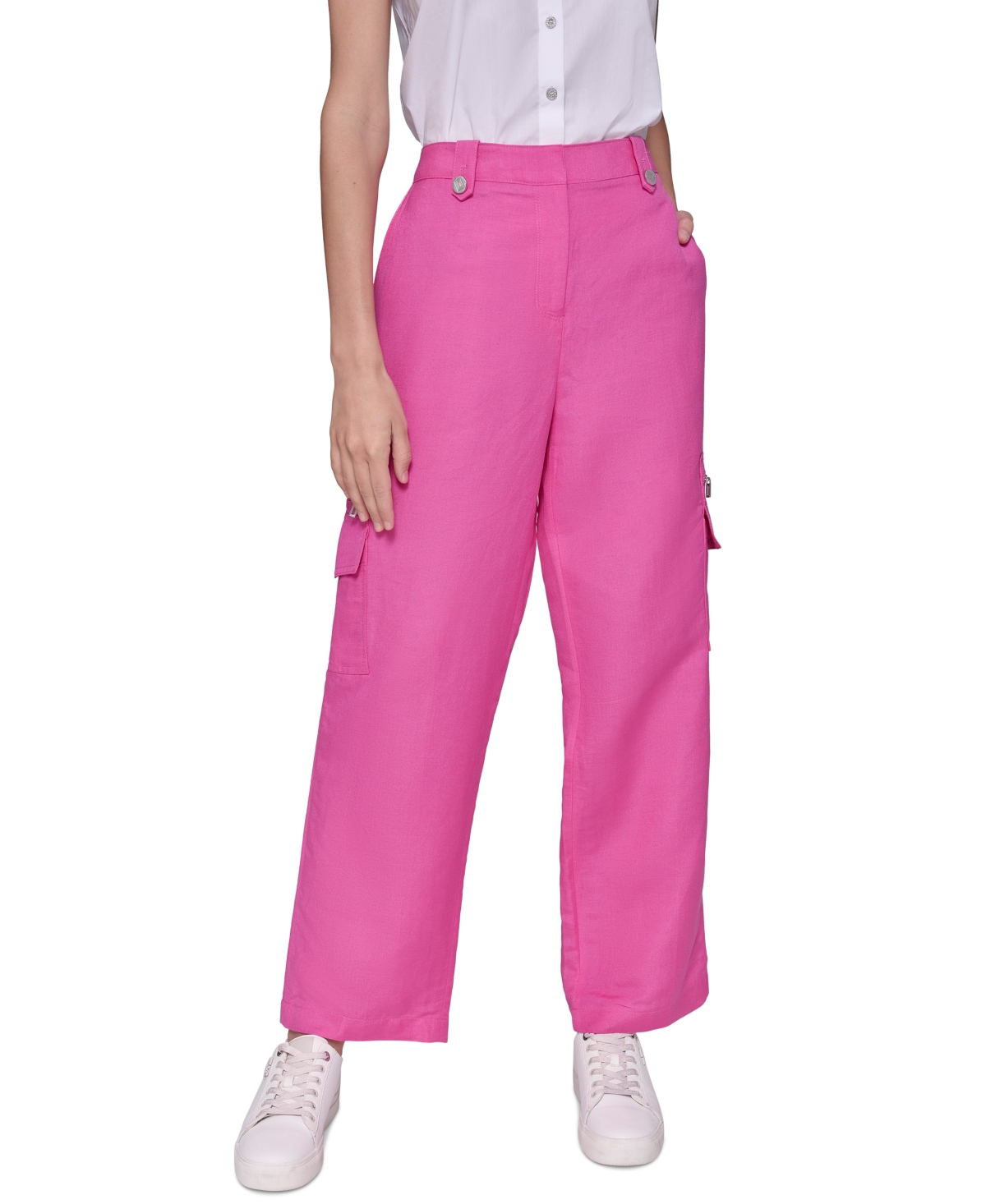 Karl Lagerfeld Paris Women's Linen-Blend Straight-Leg Cargo Pants - Bright Fuschia