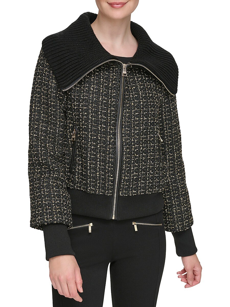 Karl Lagerfeld Paris Women's Metallic Tweed Bomber Jacket - Black Gold - Size XL