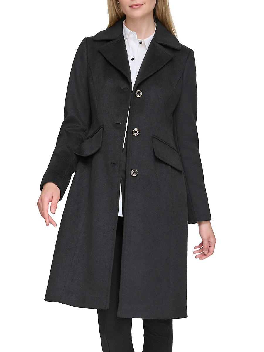 Karl Lagerfeld Paris Women's Tailored Single Breasted Wool Blend Coat - Black - Size L