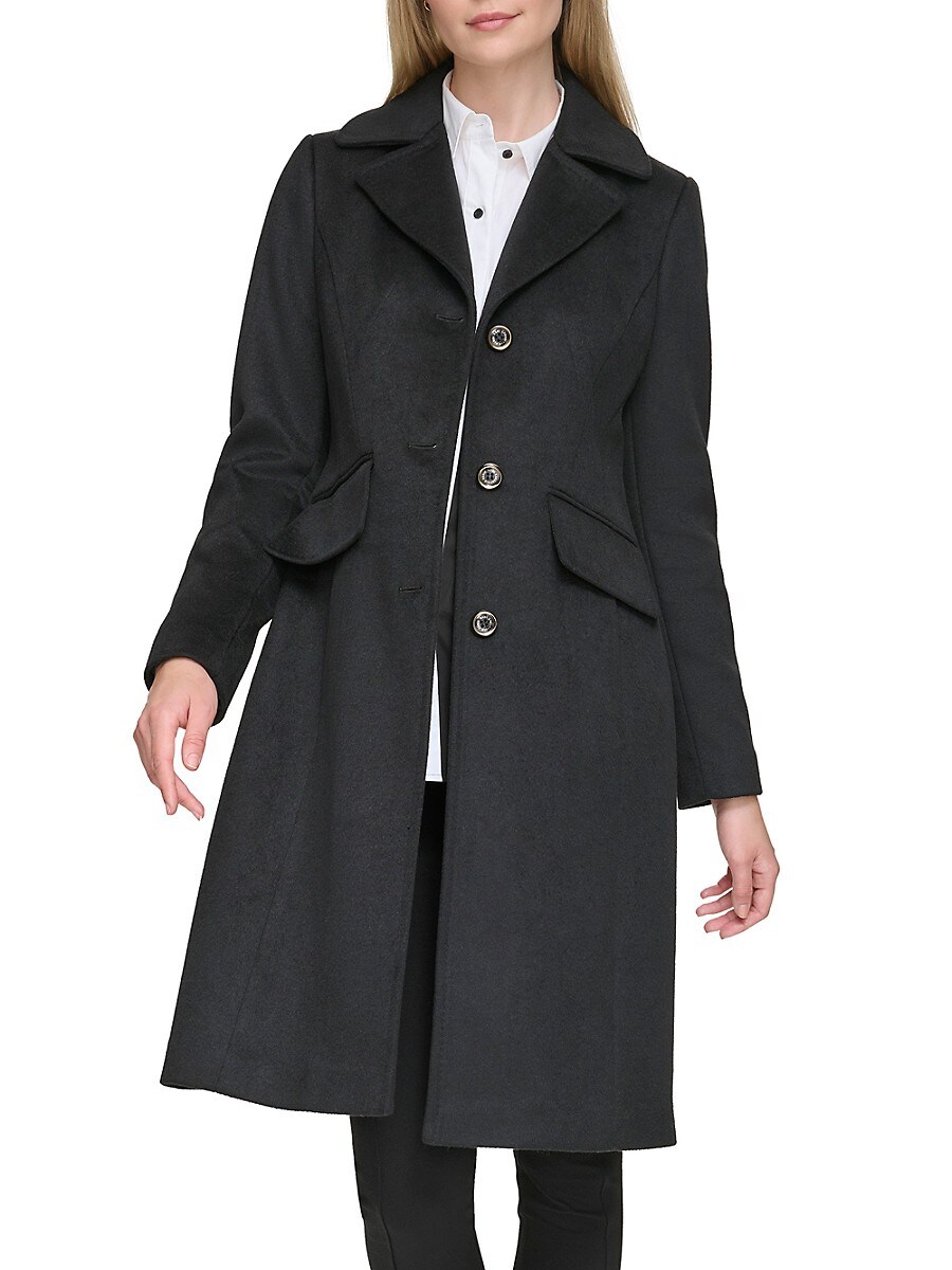 Karl Lagerfeld Paris Women's Tailored Single Breasted Wool Blend Coat - Black - Size M