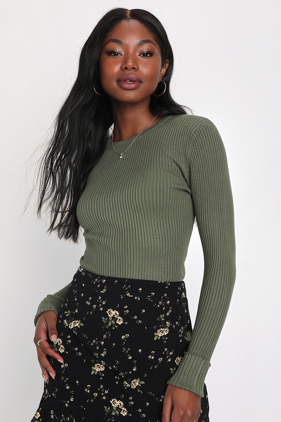 Karlee Olive Green Ribbed Knit Long Sleeve Sweater Top