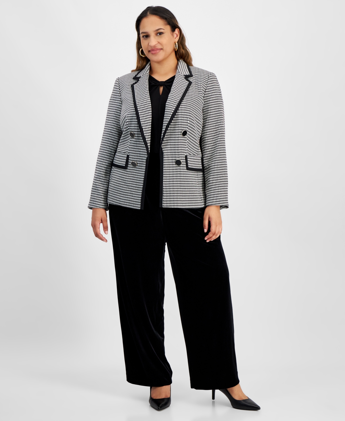 Kasper Plus Size Faux Double-Breasted Houndstooth Blazer - BLACK/WHITE