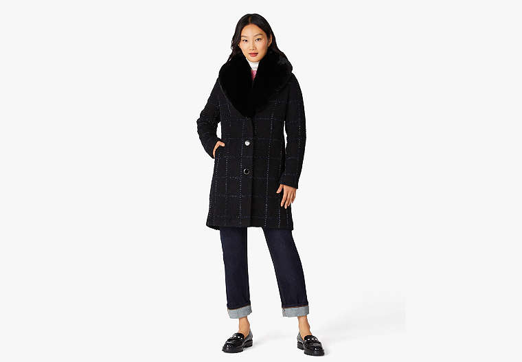 Kate Spade Lurex Plaid Wool Coat, Black - XS