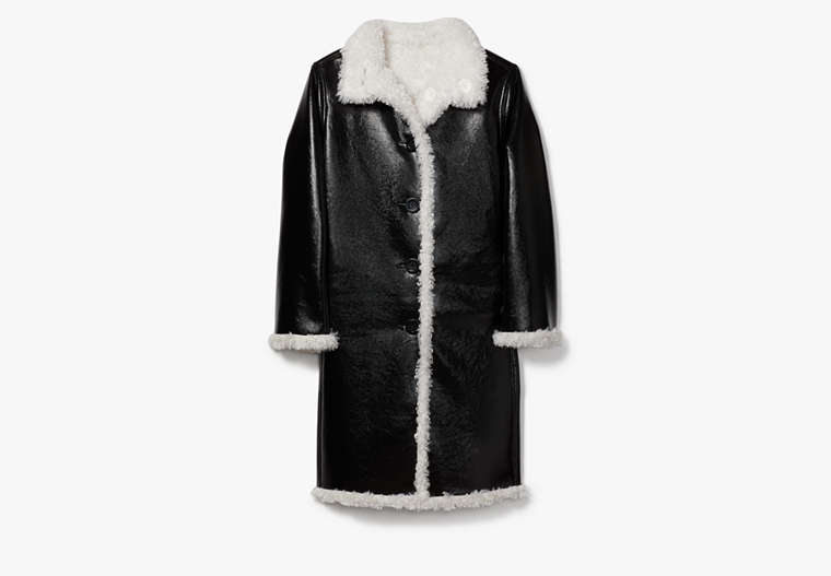 Kate Spade Reversible Faux Patent Shearling Coat, Black/cream - XXS