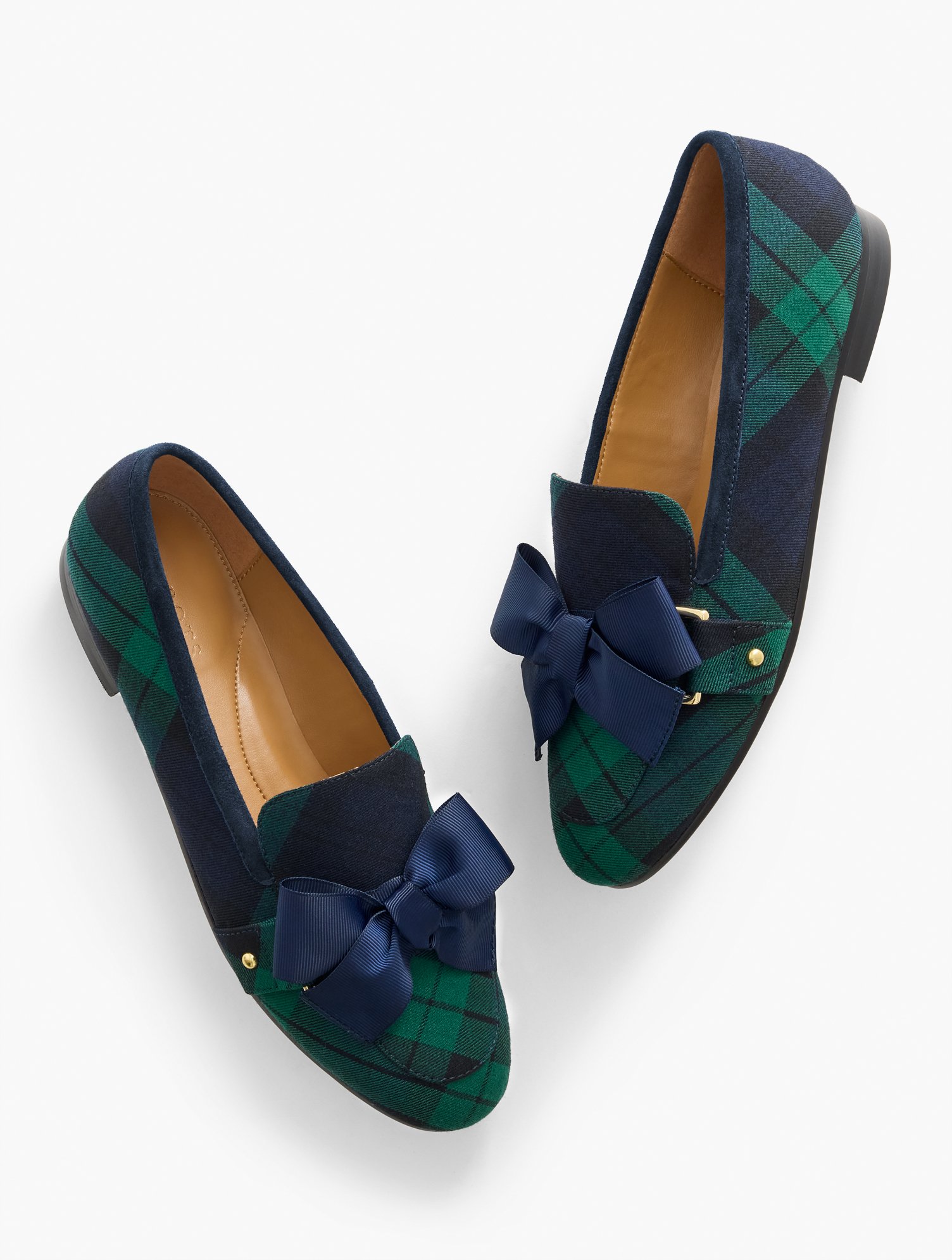 Katelyn Bow Loafers - Snowfall Plaid - Green/Black - 7M - 100% Cotton Talbots