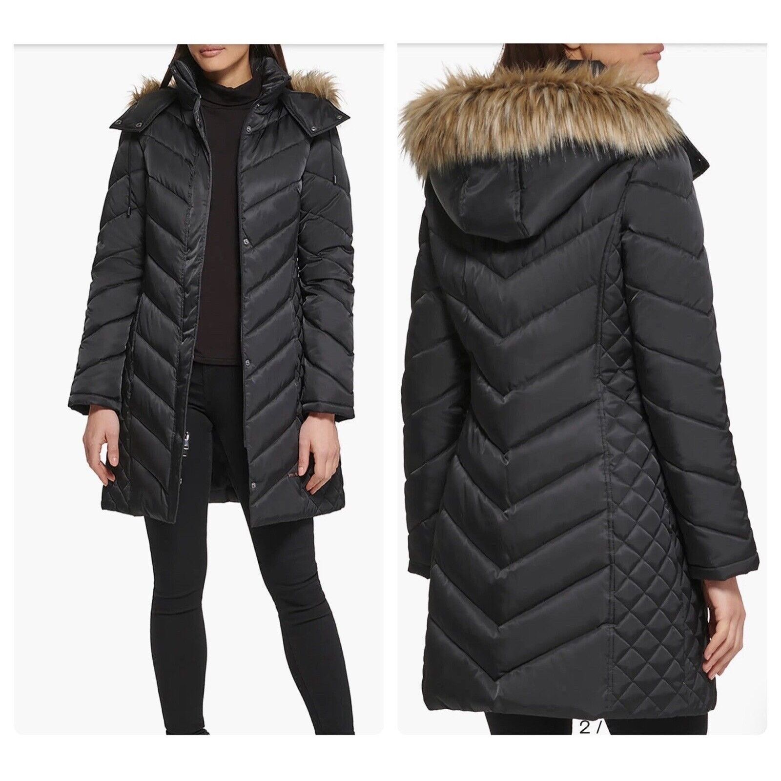 Kenneth Cole Faux Fur Longline Quilted Puffer Down Jacket Xs in Black, Women's