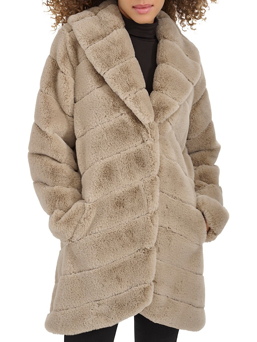 Kenneth Cole Women's Grooved Faux Fur Long Coat - Camel - Size S