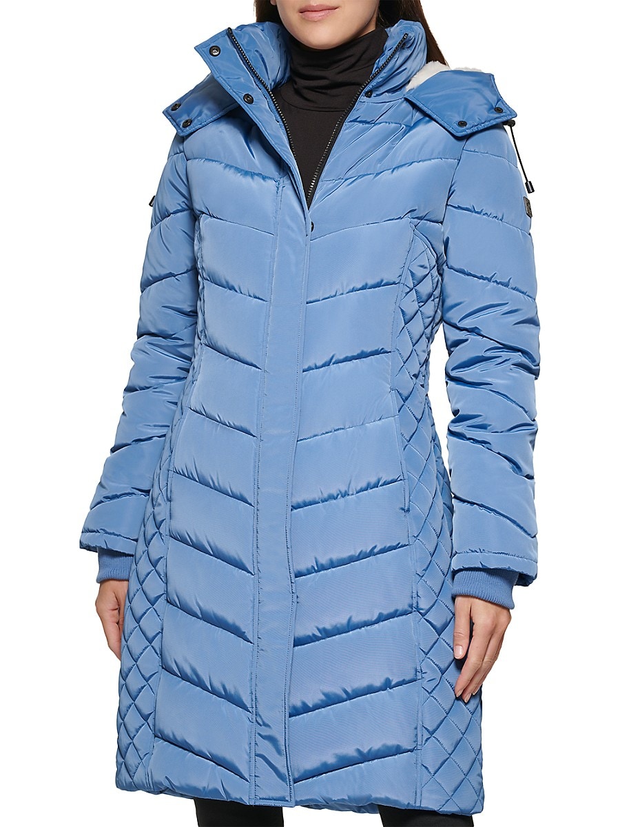 Kenneth Cole Women's Mixed Quilted Puffer Coat - Blue - Size XL