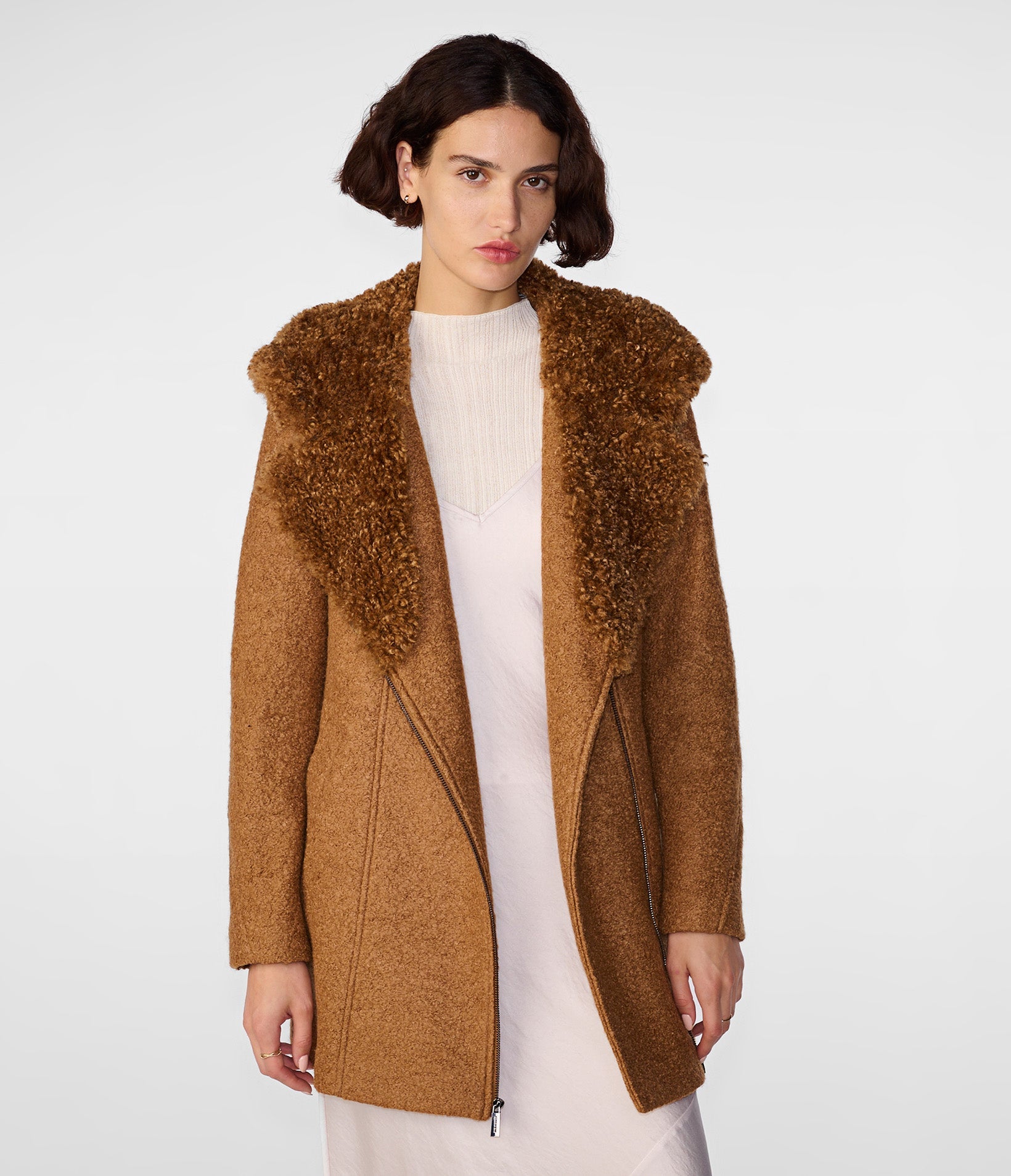 Kenneth Cole | Women's Wool Boucle Coat With Fur Lined Hood | Camel | XS