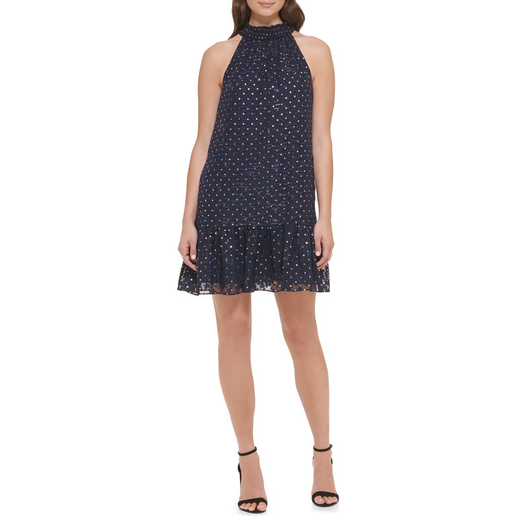 Kensie Clip Dot Halter Neck Shift Dress in Navy/Gold at Nordstrom Rack, Size 4