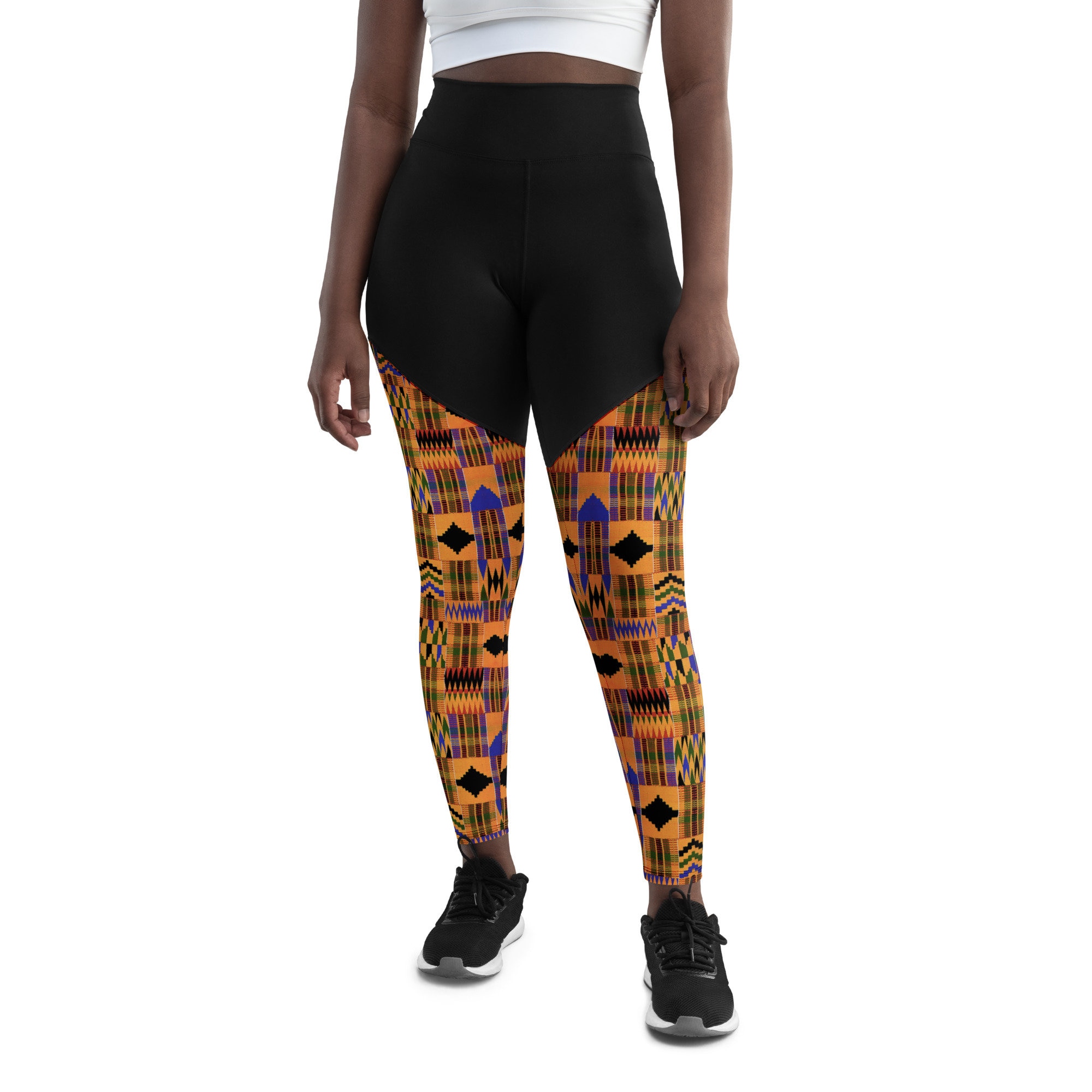 Kente Print High Waist With Pocket Sports Leggings, African Gym Or Yoga Wear