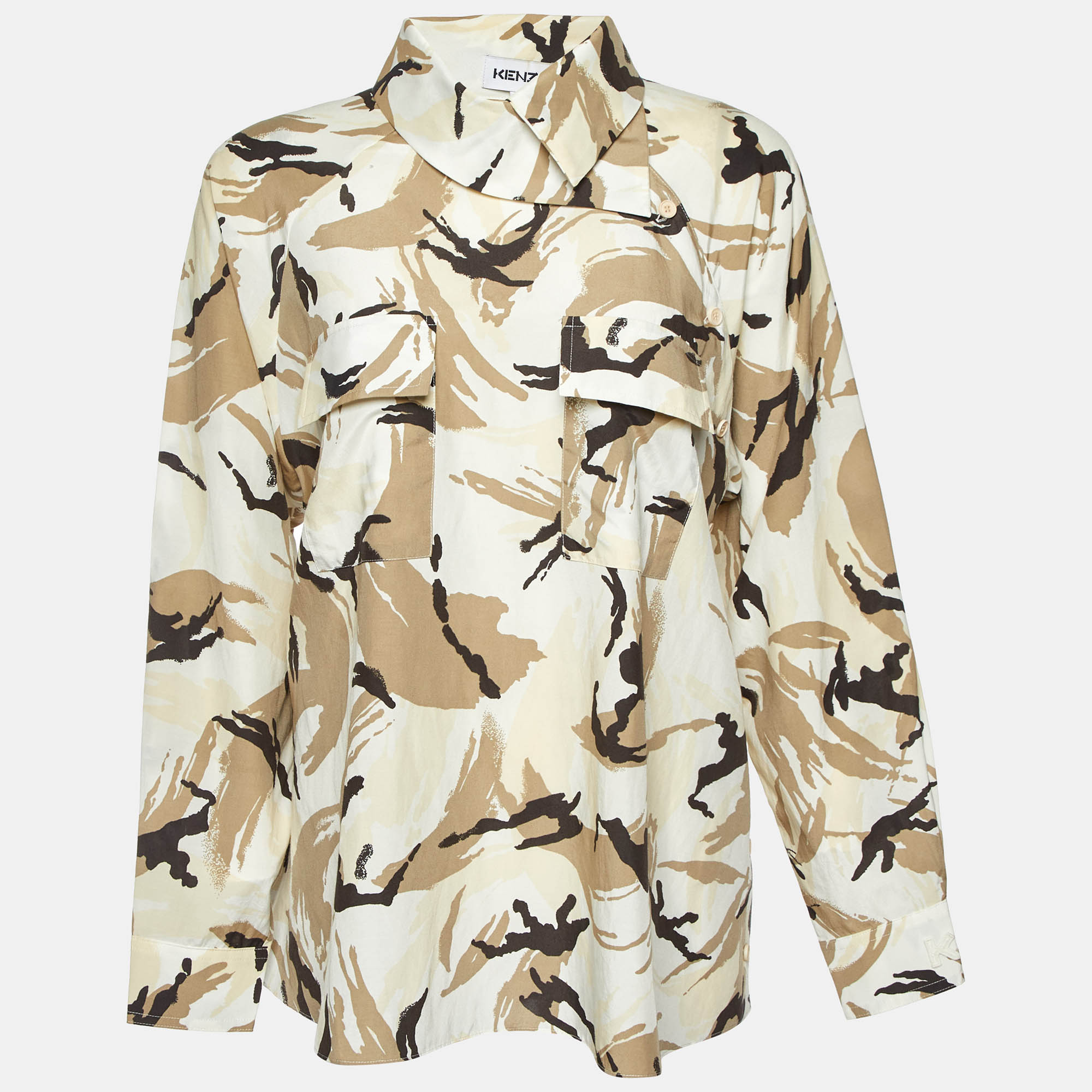 Kenzo Beige Camouflage Print Silk Blend Asymmetric Shirt S