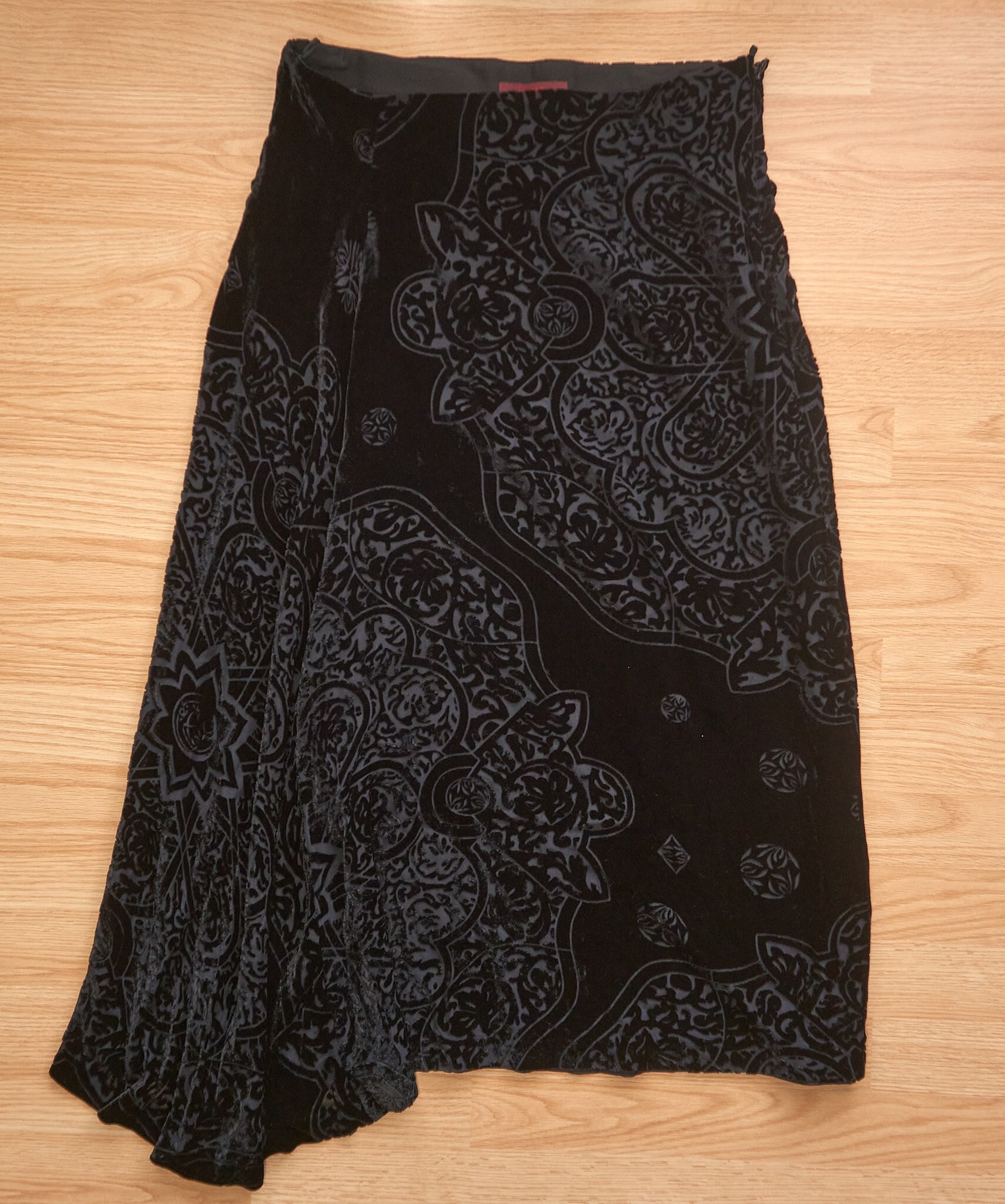 Kenzo Black Pattern Velvet Silk Blend, Maxi Asymmetrical Hem Skirt, Size L, Made in France