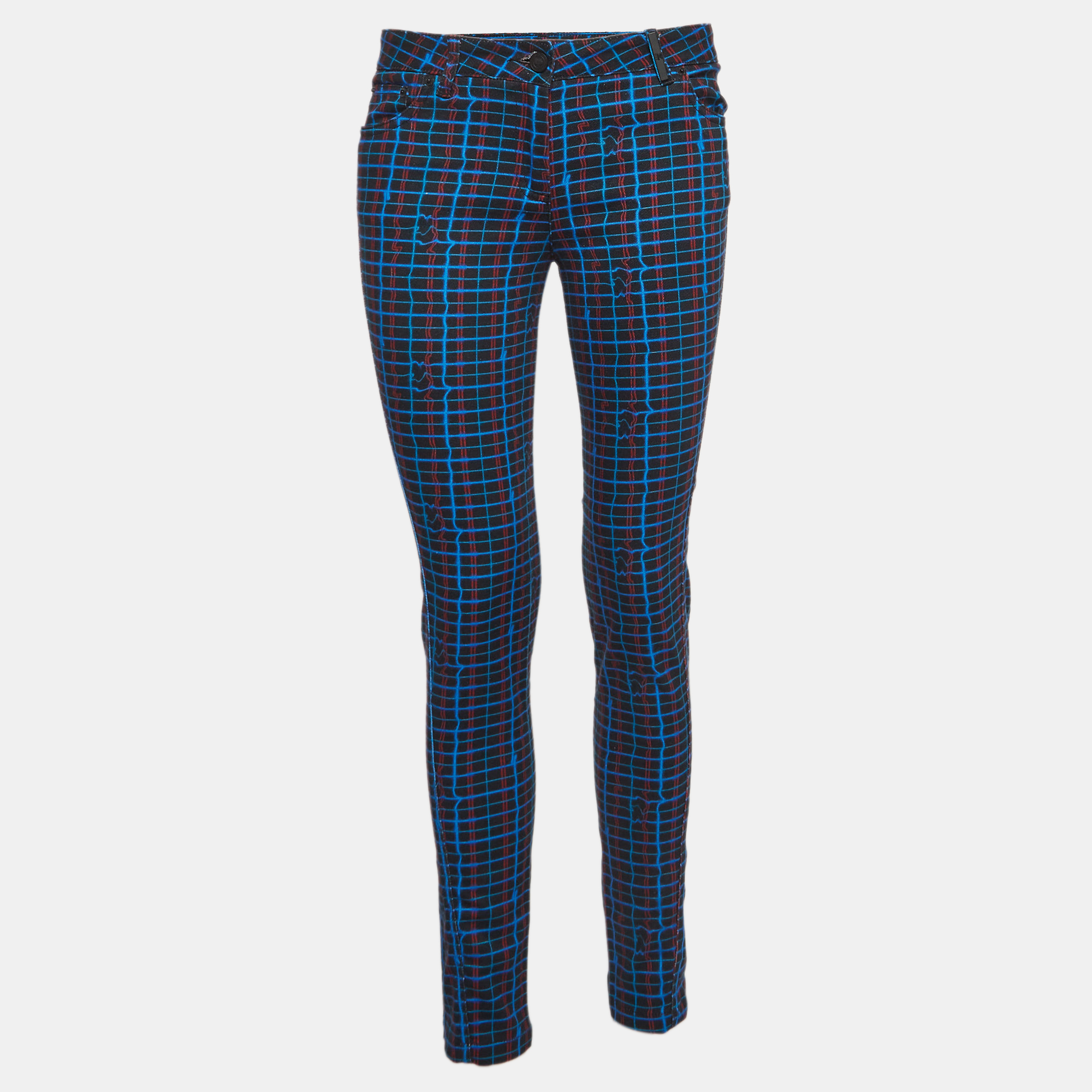 Kenzo Blue Checked Cotton Skinny Trousers S