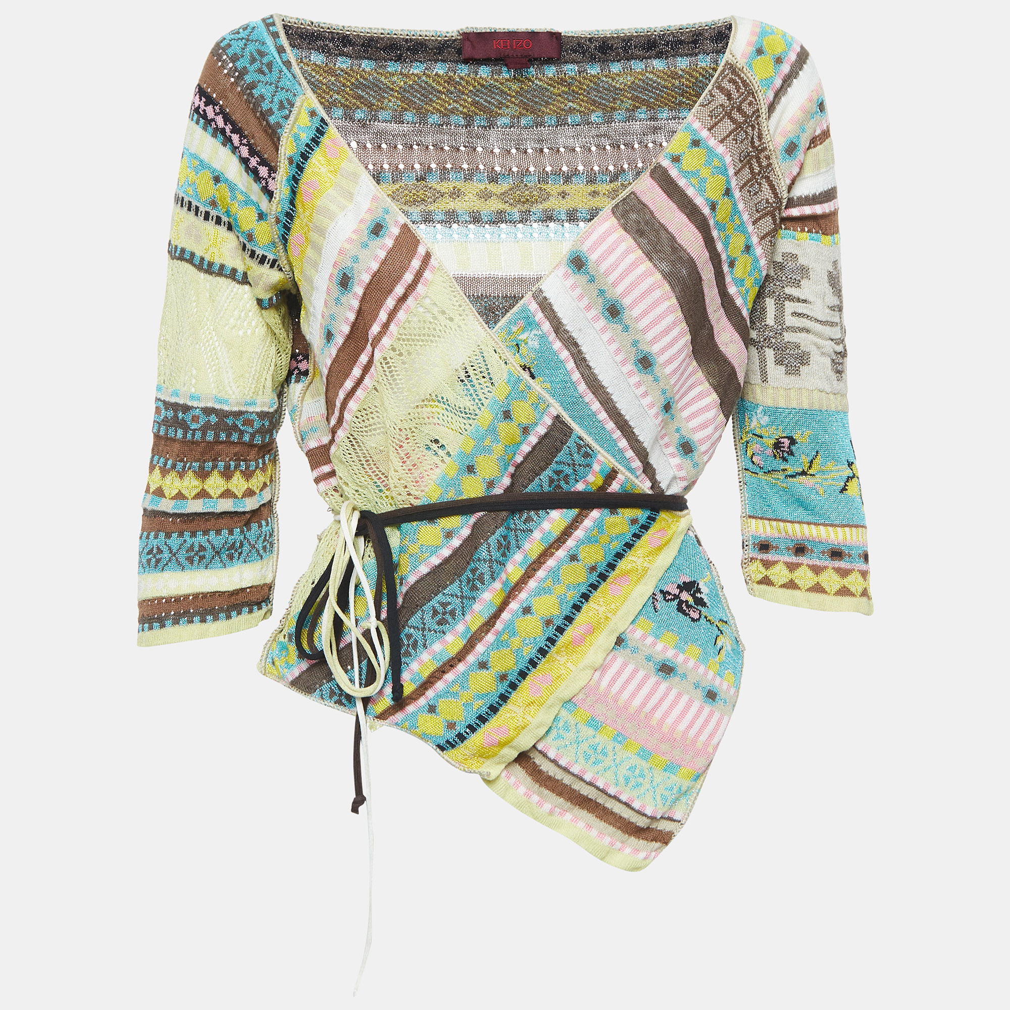 Kenzo Multicolor Patterned Lurex Knit Wrap Top M