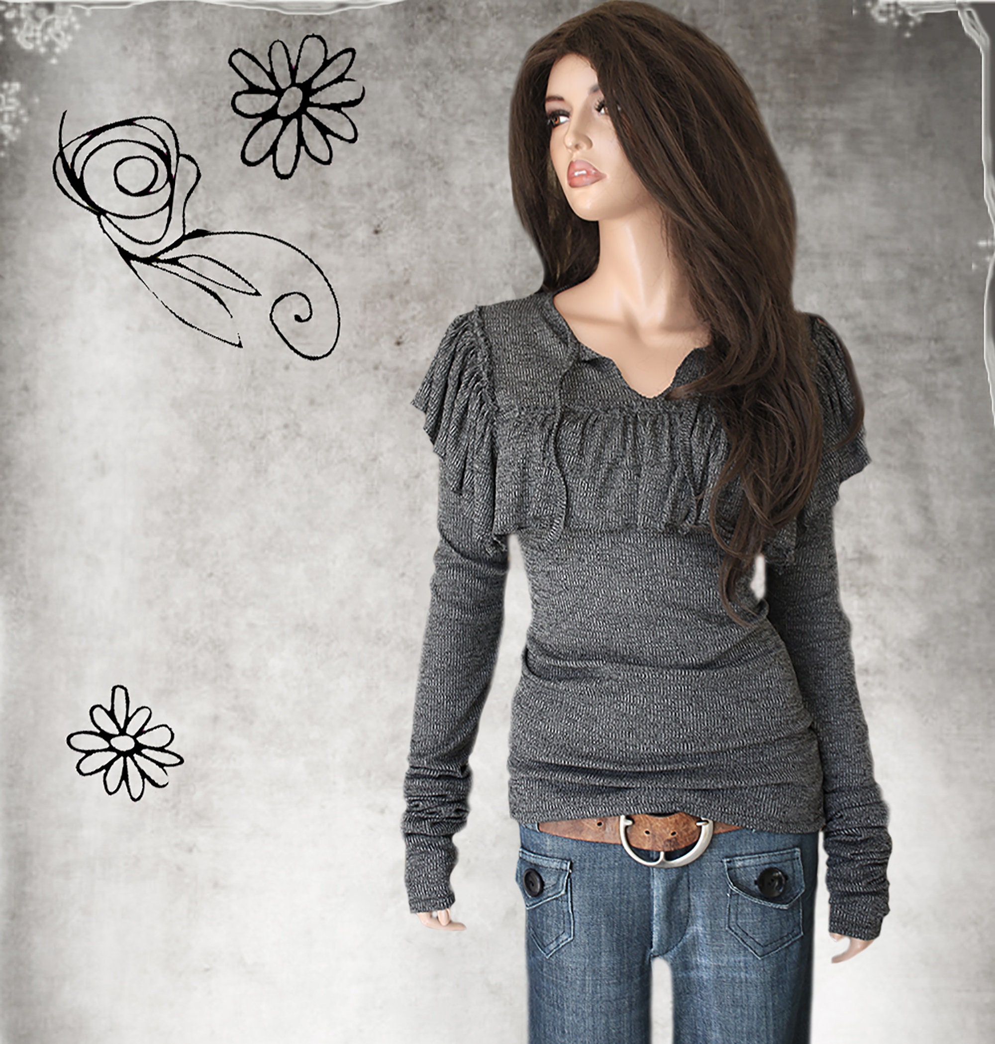 Keyhole Front Woman Top, Dark Gray Knit, Tie Front, Extra Long Sleeves, Tratgirl