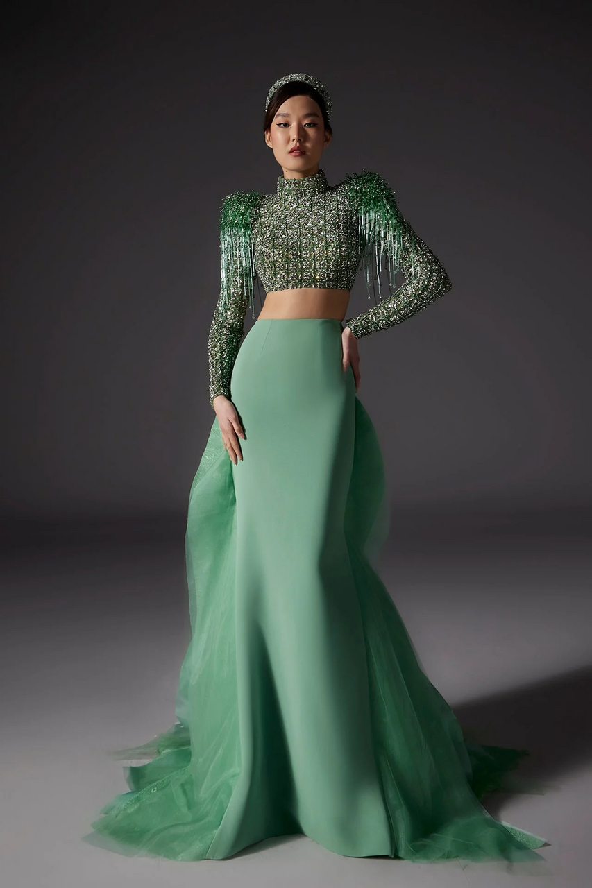 Khaled & Marwan Couture Embroidered Crop Top With Detailed Skirt (FR 44)