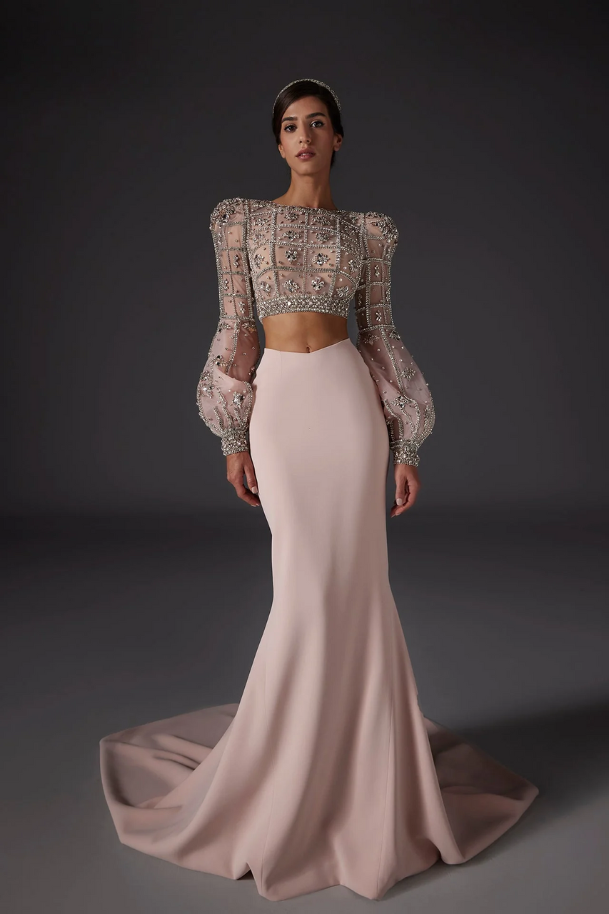 Khaled & Marwan Couture Embroidered Crop Top With Skirt (FR 48)