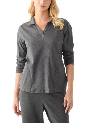 Kim Rogers Women's Petite Long Sleeve Polo Collar V-Neck Seamed Top, Grey, PM