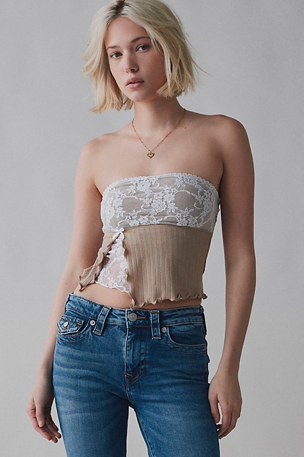 Kimchi Blue Blair Lace Ribbed Knit Flyaway Hanky Hem Tube Top in Natural/Ivory, Women's at Urban Outfitters