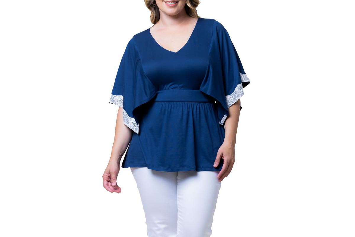 Kiyonna Plus Size Sarah Lace Trim Peplum Top - Marine navy