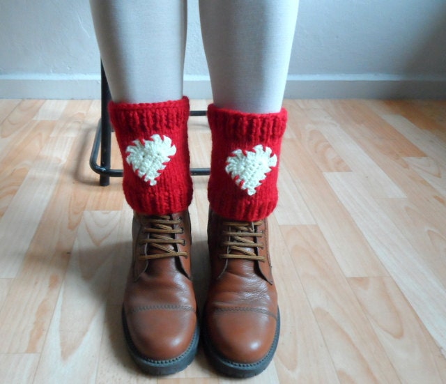 Knit Boot Cuffs, Heart Legwarmers, Red Toppers, Love Knee Socks, Christmas Gift