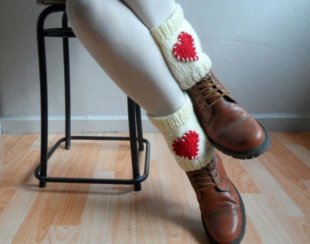 Knit Boot Cuffs Toppers Hearts Leg Warmers Socks in Red Cream Crochet Love Valentines Day Christmas Gift