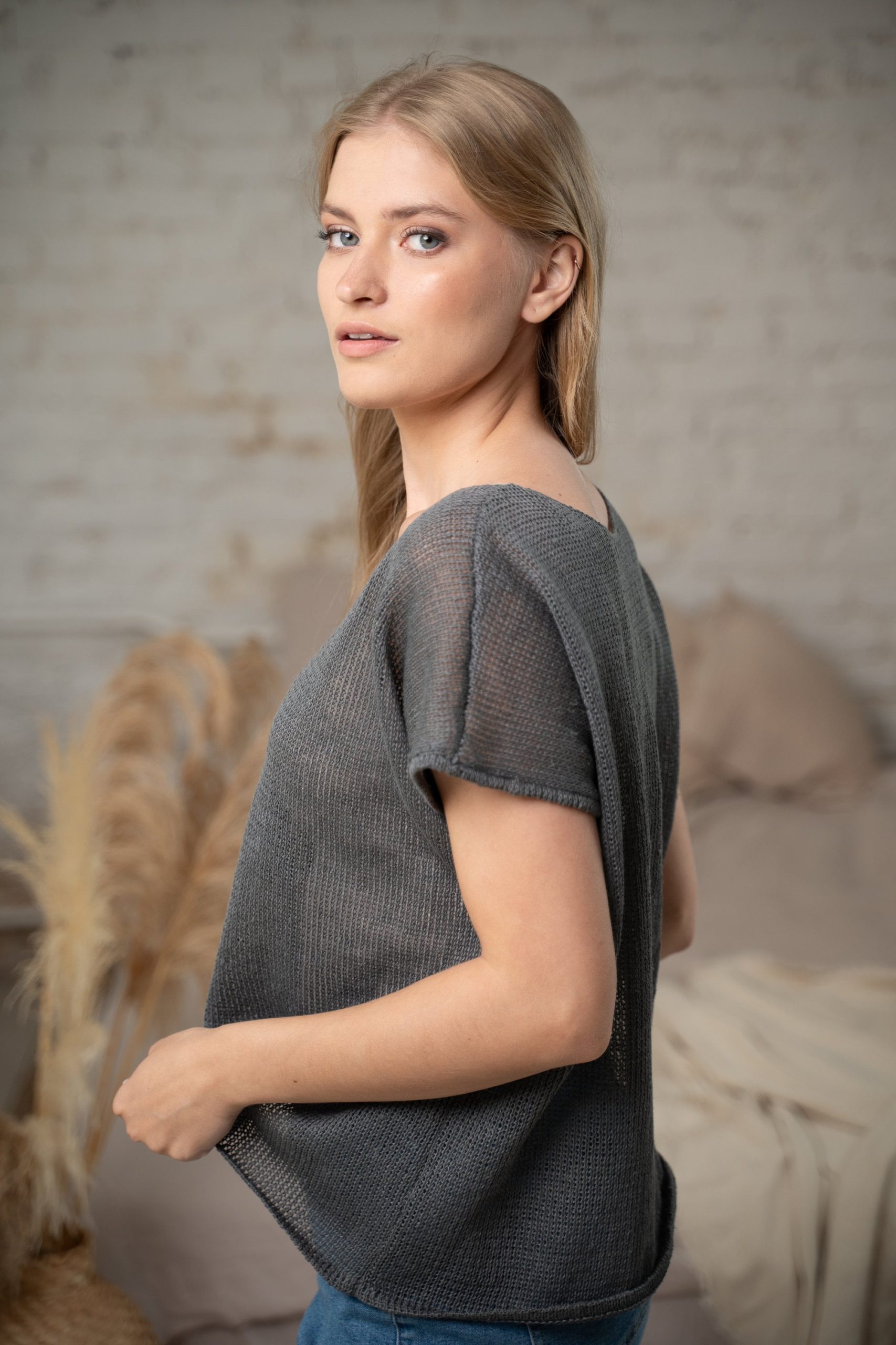 Knit Linen Mesh Top Blouse in Dark Grey, Slouchy Organic Versatile For Summer, Vegan Blend Transparent Airy T Shirt With V Neck