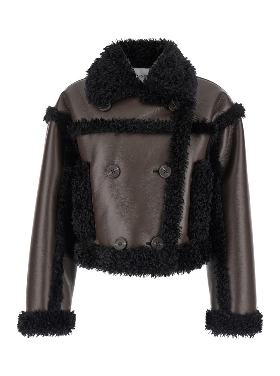 'Kristy' Brown Crop Double-Breasted Coat With Faux Shearling Trim In Leather Woman