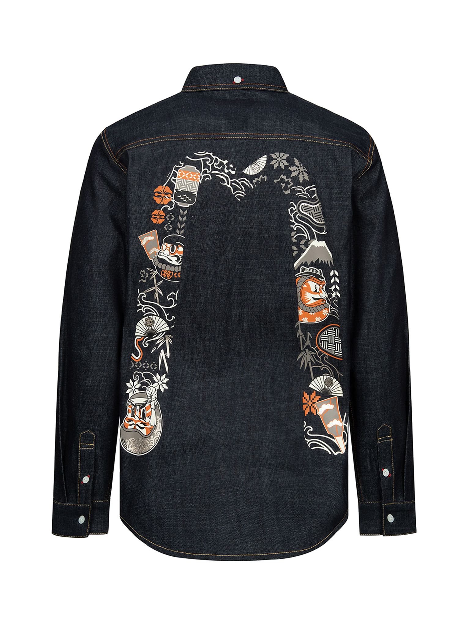 Kumadori Daruma Daicock Print Regular Fit Denim Shirt