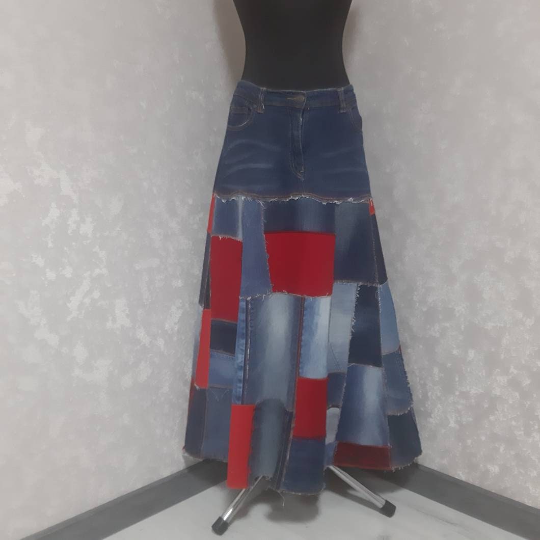 L Gipsy Style Denim Patchwork Skirt Waist 35", Casual Long Of Shabby Jeans, Blue-Red Jean Maxi