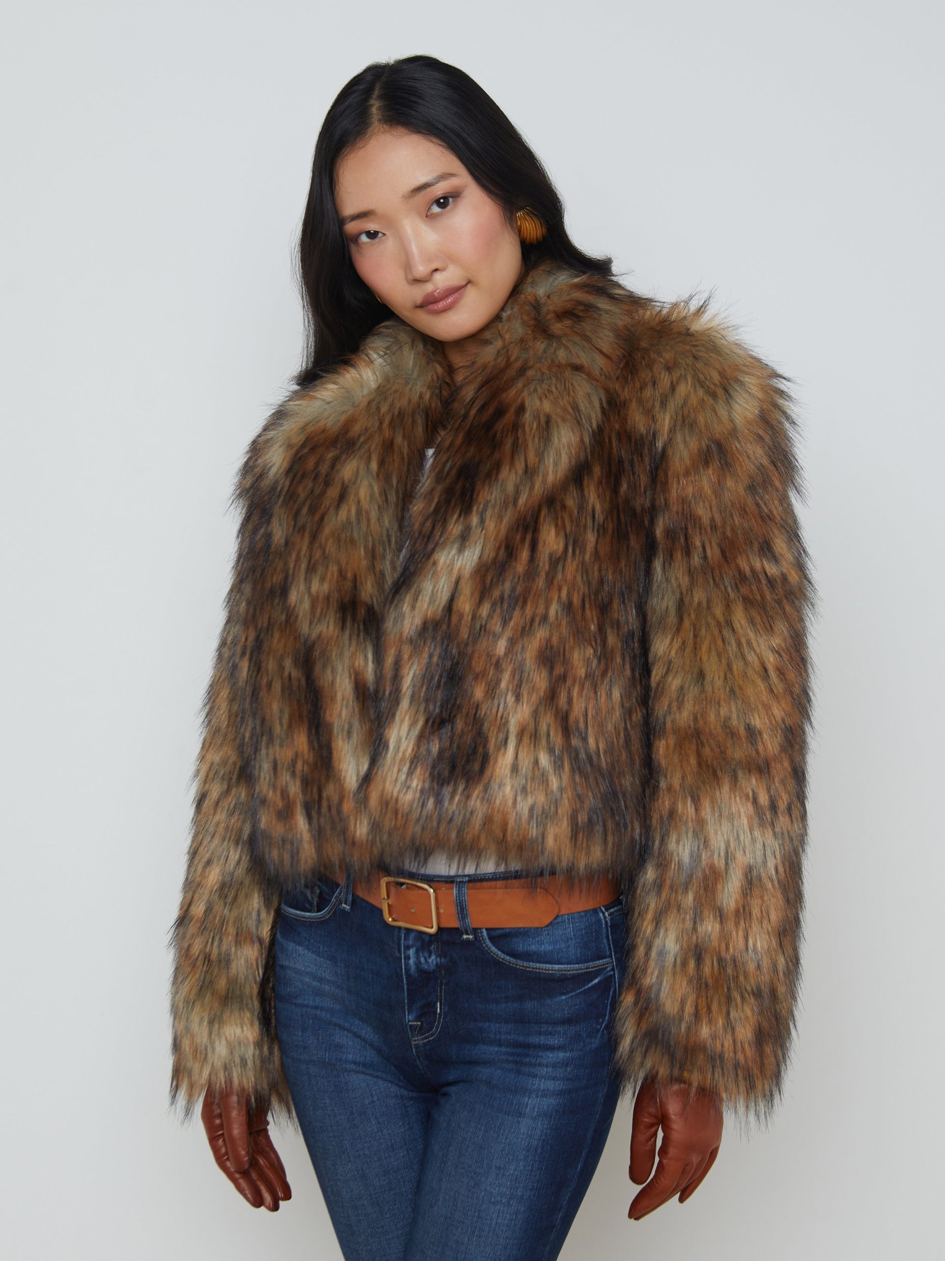 L'AGENCE Aura Faux Fur Coat In Tan/Black Faux Fur