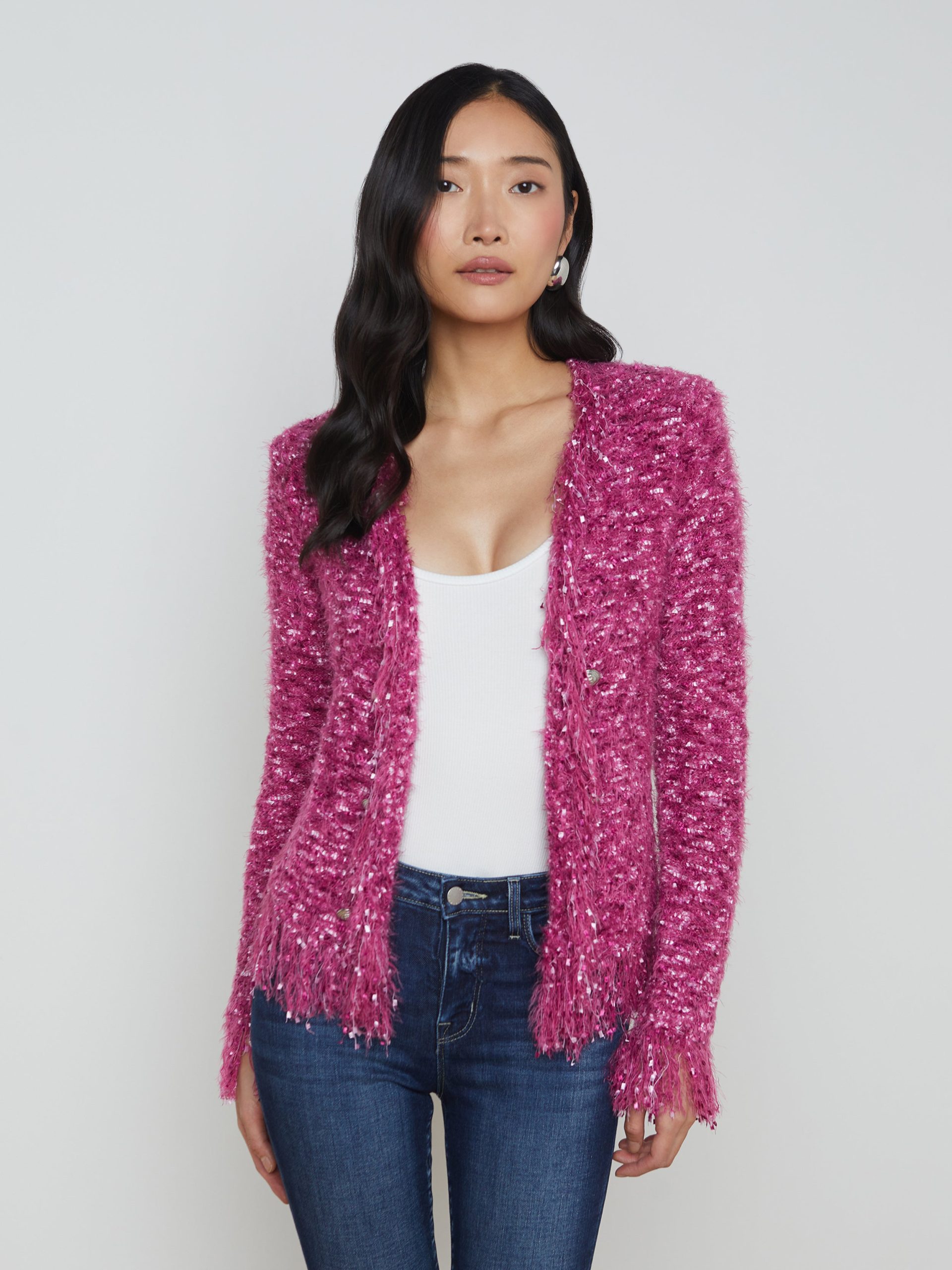 L'AGENCE Azure Fringe Cardigan Blazer In Pink